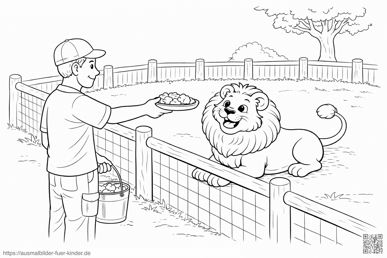 Zookeeper füttert einen hungrigen Löwen - Ausmalbild Zookeeper füttert einen hungrigen Löwen - Ausmalbild
