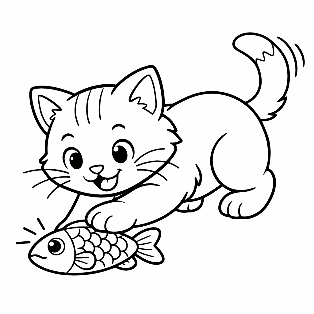 Katze mit Fischspielzeug - Ausmalbild