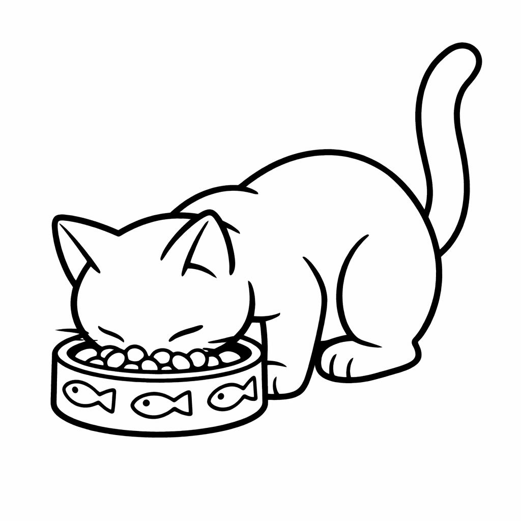 Katze frisst aus Napf - Ausmalbild