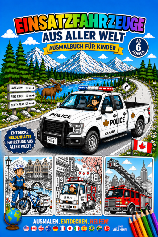 Cover Einsatzfahrzeuge aus aller Welt - Ausmalbuch für Kinder ab 6 Jahren
